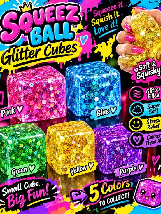 Squeez Ball Other - SET OF 5 Glitter Cubes  ✨️